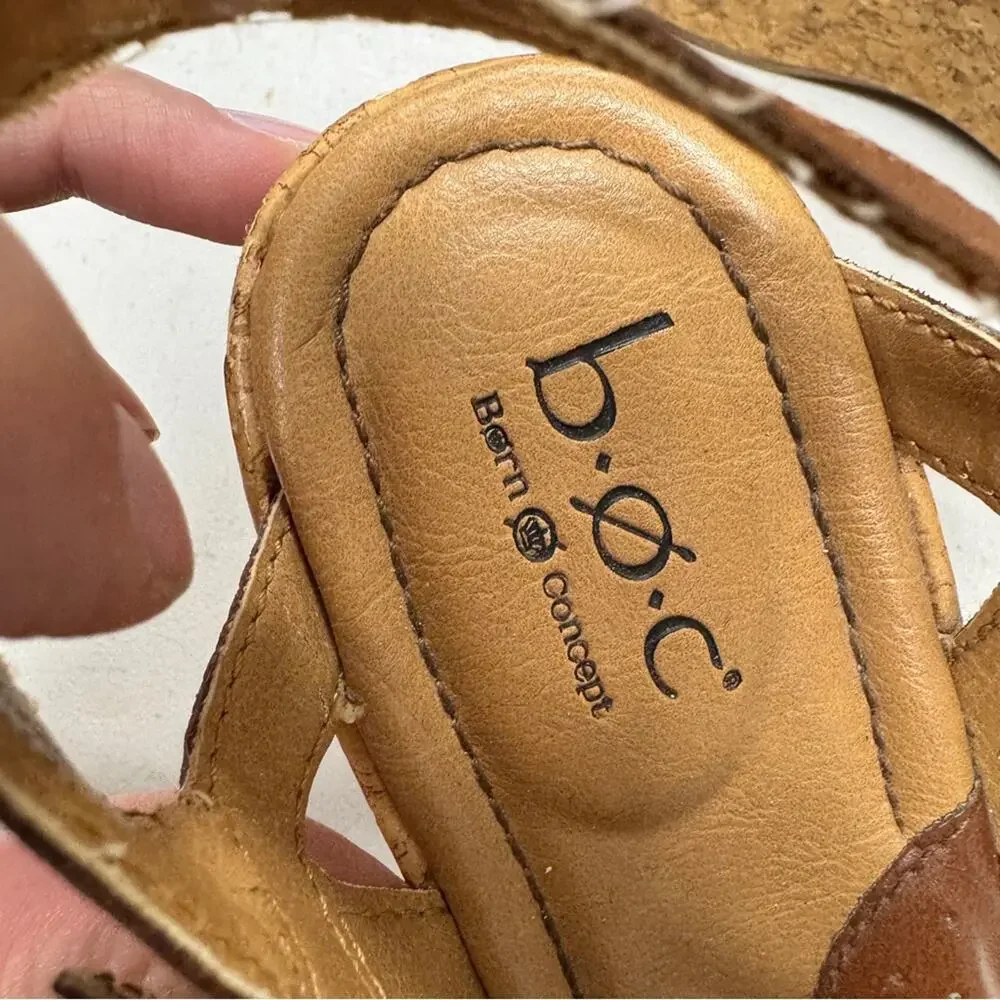 B.O.C. Brown Leather Strappy Cork Wedge Sandals Womens 6 Beachy Strappy Heels